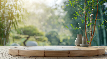 Natural Bamboo Podium, front view focus, with a Zen Garden Background, ideal for wellness and spa product displays blurry background