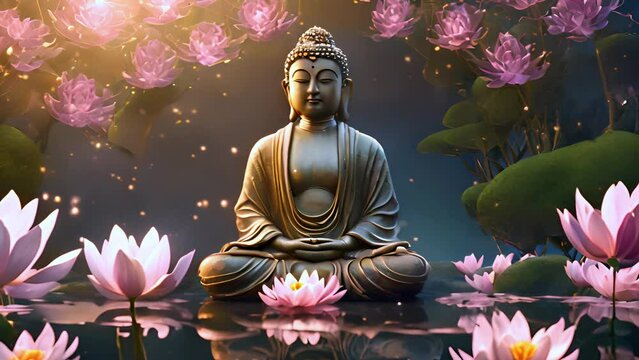 Buddha statue in meditation surrounded by glowing lotus flowers on tranquil water
