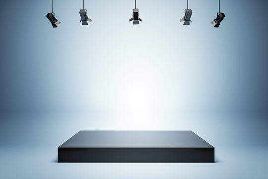 Minimalistic photo studio with overhead spotlights and empty stage for showcasing. 3D Rendering