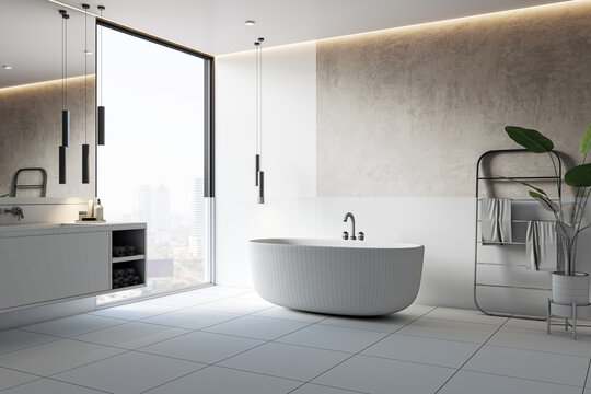 Elegant modern bathroom with freestanding bathtub and city view, design project. 3D Rendering