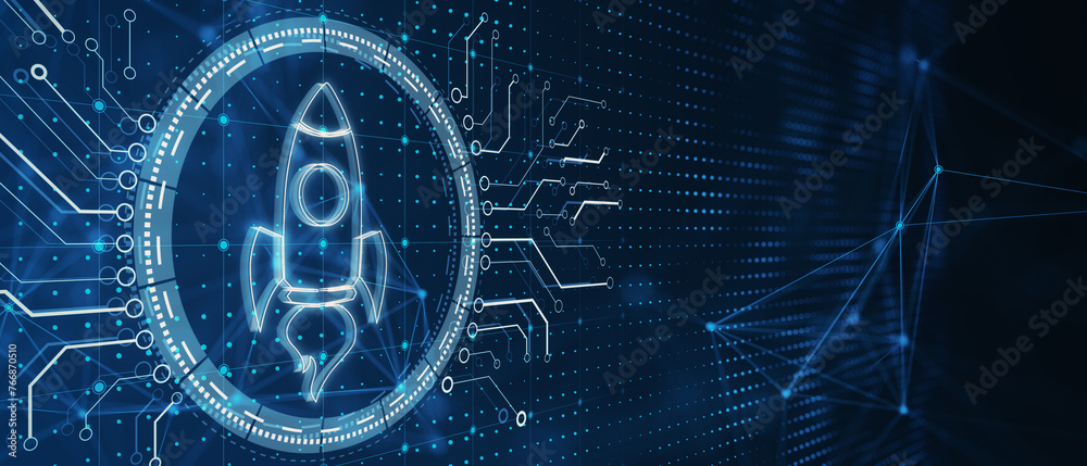 Poster a digital rocket icon with circuitry designs on a blue abstract background, symbolizing technology a