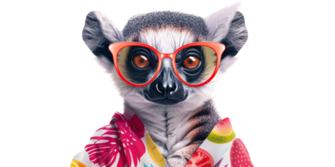 A lemur wearing a pair of heart-shaped sunglasses and a fruit print sarong.