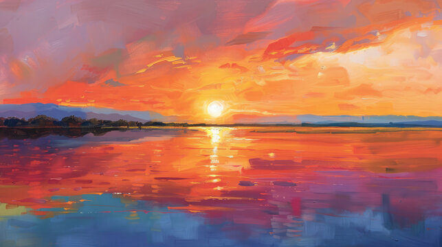 sunset over a calm lake. oil paint