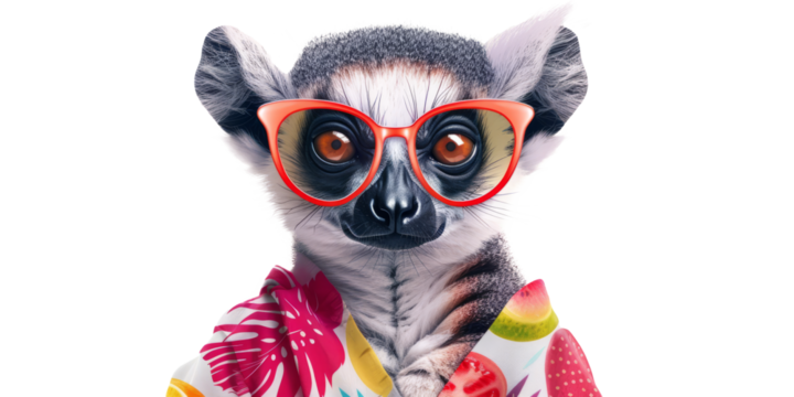 A lemur wearing a pair of heart-shaped sunglasses and a fruit print sarong.