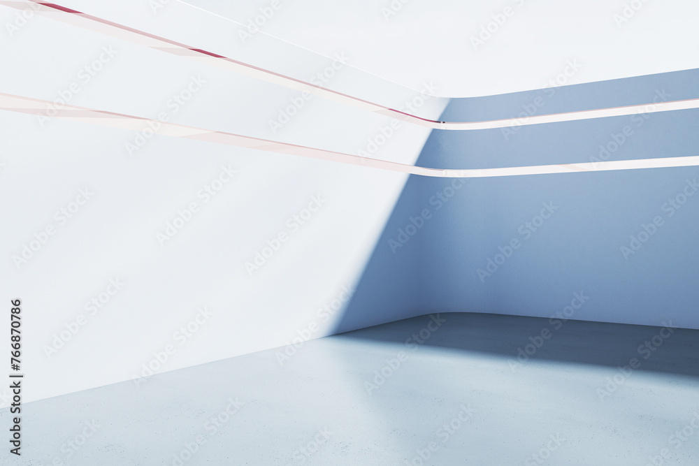 Poster a minimalist interior corner with soft shadows and geometric lines, modern style, light blue and whi