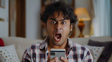 Indian guy staring at smartphone screen with angry face expression, get awful news in notice from bank, bad message, scam, fraud, screams due to short battery life, lagging phone, mobile  Ai Generated