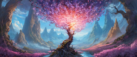 Fantasy location nature with a magic tree, mountains and magic. Fairytale illustration concept art