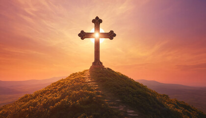 Large Christian cross on a hill against sunset background - obrazy, fototapety, plakaty