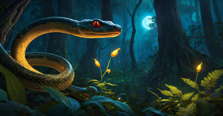 Green reptile snake in the dark forest - obrazy, fototapety, plakaty