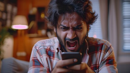 Indian guy staring at smartphone screen with angry face expression, get awful news in notice from bank, bad message, scam, fraud, screams due to short battery life, lagging phone, mobile  Ai Generated - obrazy, fototapety, plakaty