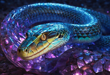 Obraz premium Beautiful mother-of-pearl snake reptile among precious crystals and stones. Mirror scales. Magical fantasy animal