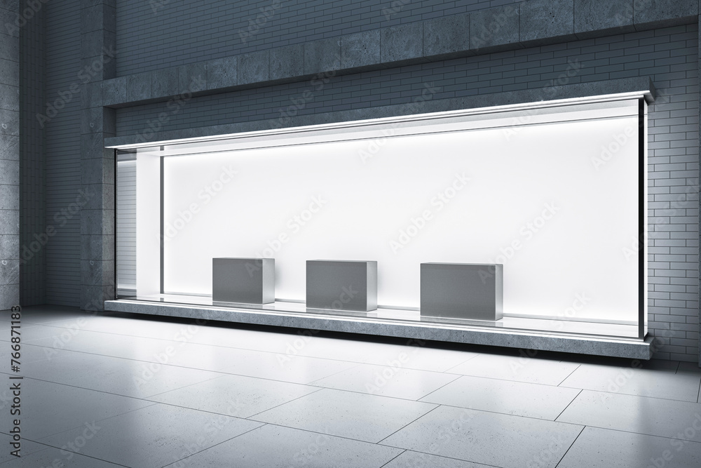 Poster An empty storefront window display with backlighting on a brick wall, featuring blank podiums for product presentation. 3D Rendering
