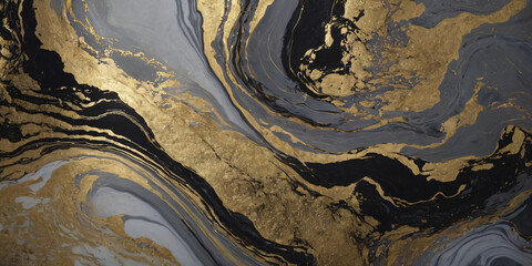Texture from abstraction of spilled paints. Black and gray stains with gold