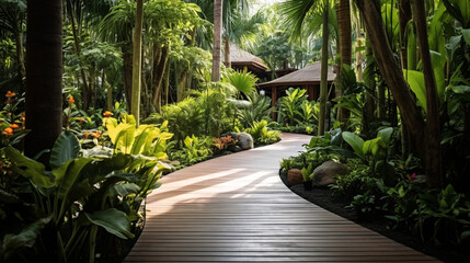 Wooden walkway in the garden with green plants and trees.