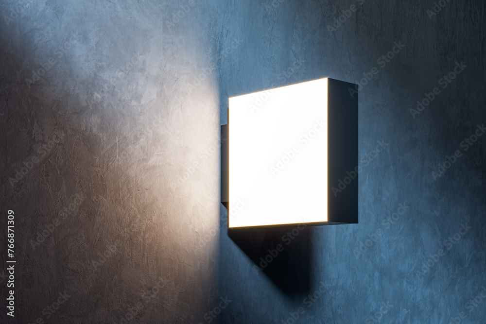 Poster luminous square sign mockup casting a bright light on a concrete wall at night. 3d rendering