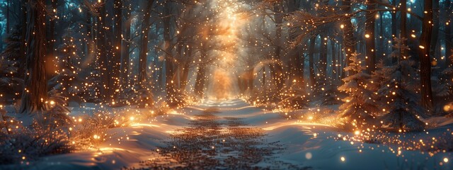 A snowy forest path illuminated by lights from the trees, creating a magical and enchanting natural...