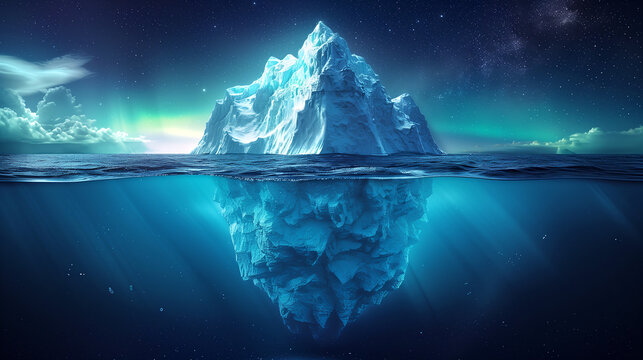 surreal, mystical photographs of high quality, depicting the tip of the iceberg, with the underwater part.