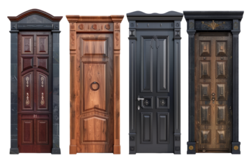 variety of home door elements including modern, traditional, rustic and modern designs, full length in studio isolated on white background.