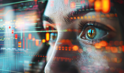 a person's eye looking at a computer screen with programming code on screen and stock market graph