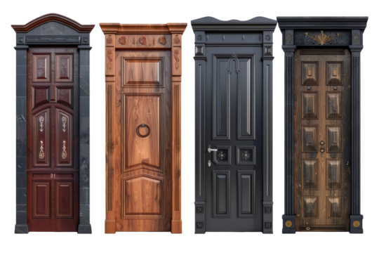 variety of home door elements including modern, traditional, rustic and modern designs, full length in studio isolated on white background.