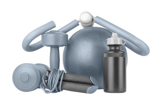 Fitness equipment, front view, close-up. Dumbbells, sports bottle of water, jump rope, s-shaped leg exercise machine, fitness ball. Home workout. Fitness and activity.