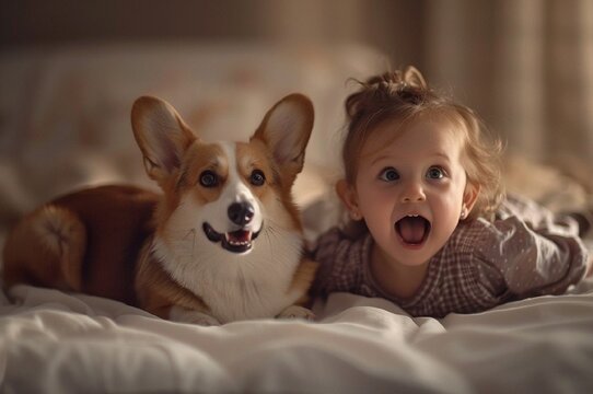 Stunning full body high resolution photos of this little beauty getting crazy at home with her beloved Corgi. Children