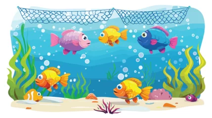Papier Peint photo Vie marine Cartoon scene with fish in the net  illustration 