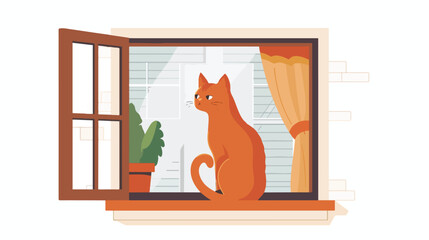 Cat at Window flat vector isolated on white background
