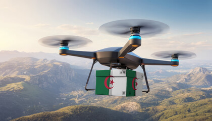 Naklejka na ściany i meble Package cardboard box with flag Algeria drones fly above sky, business concept and air transportation industry, unmanned aircraft robot to home,and controlled by remote AI