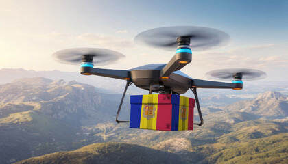 Package cardboard box with flag Andorra drones fly above sky, business concept and air transportation industry, unmanned aircraft robot to home,and controlled by remote AI - obrazy, fototapety, plakaty