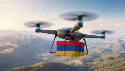 Naklejka na ściany i meble Package cardboard box with flag Armenia drones fly above sky, business concept and air transportation industry, unmanned aircraft robot to home,and controlled by remote AI