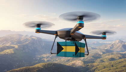Naklejka na ściany i meble Package cardboard box with flag Bahamas drones fly above sky, business concept and air transportation industry, unmanned aircraft robot to home,and controlled by remote AI