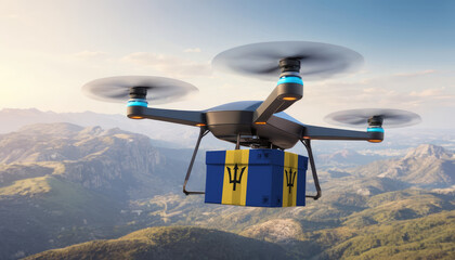 Naklejka na ściany i meble Package cardboard box with flag Barbados drones fly above sky, business concept and air transportation industry, unmanned aircraft robot to home,and controlled by remote AI
