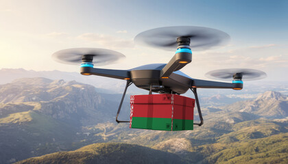 Naklejka na ściany i meble Package cardboard box with flag Belarus drones fly above sky, business concept and air transportation industry, unmanned aircraft robot to home,and controlled by remote AI