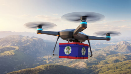 Naklejka na ściany i meble Package cardboard box with flag Belize drones fly above sky, business concept and air transportation industry, unmanned aircraft robot to home,and controlled by remote AI
