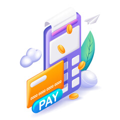 3D Isometric illustration, Cartoon. Financial transactions, bank card, terminal for buying process, monetary currencies. Vector icons for website