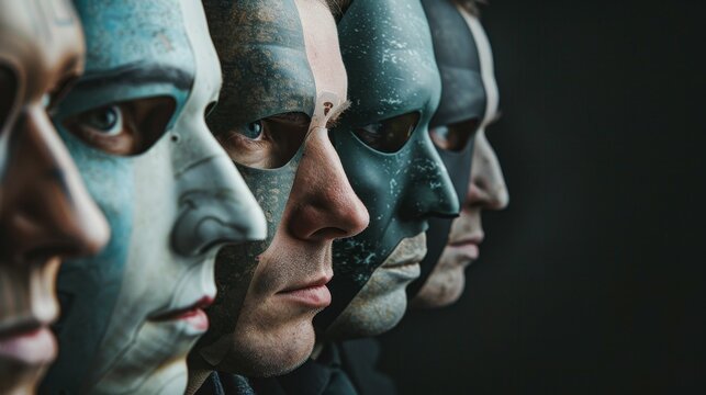 Portrayal of a man with masks representing different roles in life