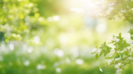 Blurred nature background with green bokeh and sun light.