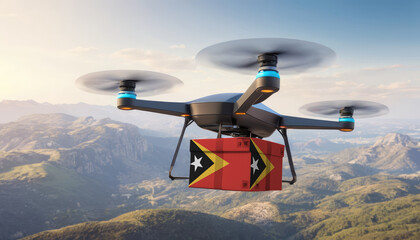 Naklejka na ściany i meble Package cardboard box with flag East Timor drones fly above sky, business concept and air transportation industry, unmanned aircraft robot to home,and controlled by remote AI