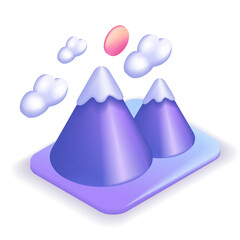 3D Isometric illustration, Cartoon. Landscape with mountains, sun and clouds. Environmental concept. Vector icons for website