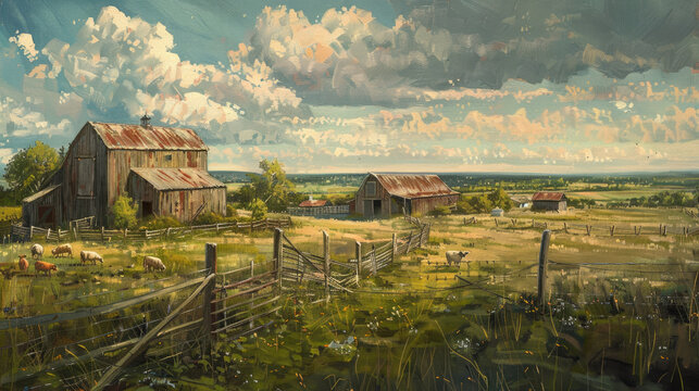 A rural farmstead with old barns. oil paint 