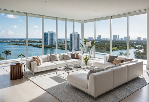 April 2020 in South Florida A large, open living space with sweeping views of the city and water. White, airy, and minimalist with floor to ceiling glass windows colorful background