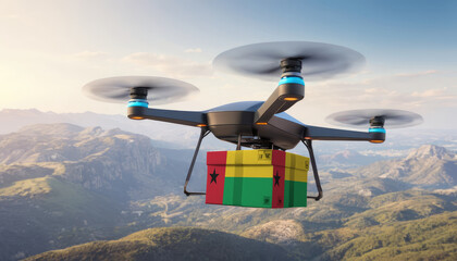 Package cardboard box with flag Guinea-Bissau drones fly above sky, business concept and air transportation industry, unmanned aircraft robot to home,and controlled by remote AI