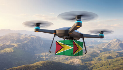 Package cardboard box with flag Guyana drones fly above sky, business concept and air transportation industry, unmanned aircraft robot to home,and controlled by remote AI