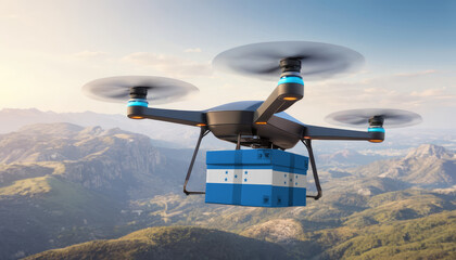 Package cardboard box with flag Honduras drones fly above sky, business concept and air transportation industry, unmanned aircraft robot to home,and controlled by remote AI