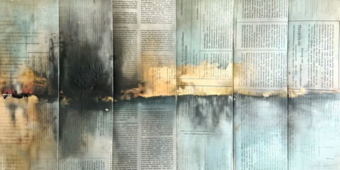 Old grunge background with newspapers torn and painted pages. Creative vintage background with copy space. - obrazy, fototapety, plakaty