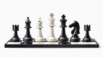 Chess board with black and white chess set on it on isolated