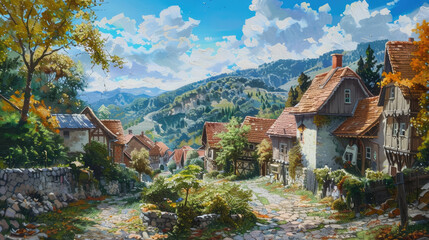 a charming village nestled in the mountains. oil paint - obrazy, fototapety, plakaty