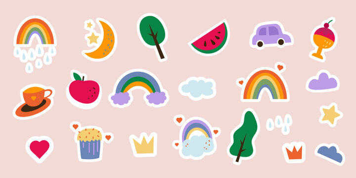 Stickers collection. Summer stickers with different seasonal elements