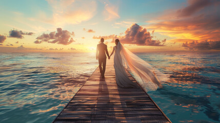 A couple holds hands on a wooden pier against a captivating sunset over the sea. - obrazy, fototapety, plakaty